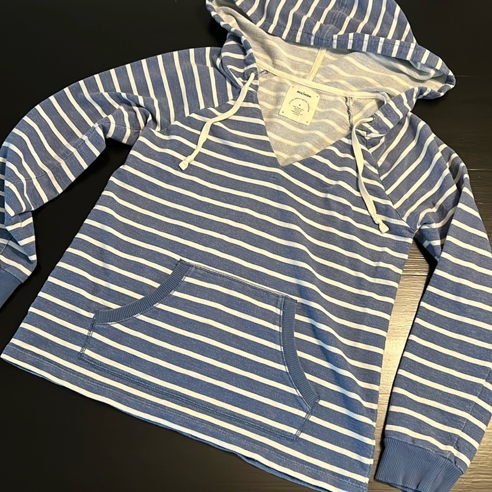 Anthropologie Allihop Striped Hoodie Blue White V-Neck Pullover Small‎